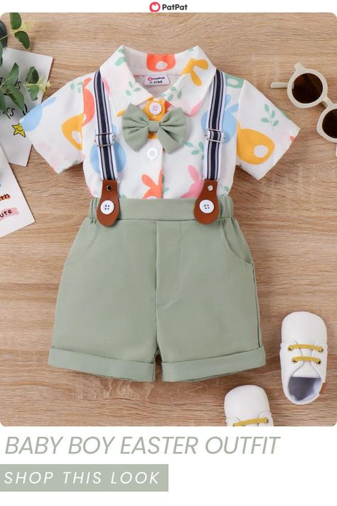 This baby boy Easter outfit will have him looking super handsome for any spring celebration or Easter photo! This cute outfit set includes a bunny print button down shirt with a cute bow tie and suspenders. Paired with the light green shorts and you have the most adorable spring and Easter outfit! Shop this set today at patpat.com for your baby's Easter outfit! Boy Easter Outfit, Kids Easter Outfits, Baby Boy Easter Outfit Infants, Easter Bunny Outfits, Tie And Suspenders, Baby Easter Outfit, Baby Boy Easter, Boys Easter Outfit, Modern Dresses