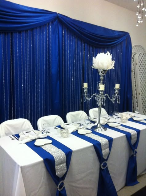 Photo Wall Quinceañera, Royal Blue Curtains, Royal Blue Wedding Decorations, Royal Blue Wedding Theme, Blue Wedding Decorations, Head Tables, Denim And Diamonds, Royal Blue Wedding, Blue Themed Wedding