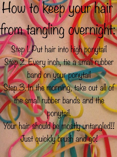 How to keep your hair from tangling overnight. I did this last night and it worked perfectly!!! So I made a pin How To Keep Hair Straight Overnight, Keep Hair Straight Overnight, How To Keep Your Hair Straight Overnight, How To Get Rid Of Tangles In Hair, How To Tie Up Hair At Night, How To Keep Your Hair From Tangling, How To Keep Hair From Tangling, Hair Tangles Easily Tips, Tangled Hair