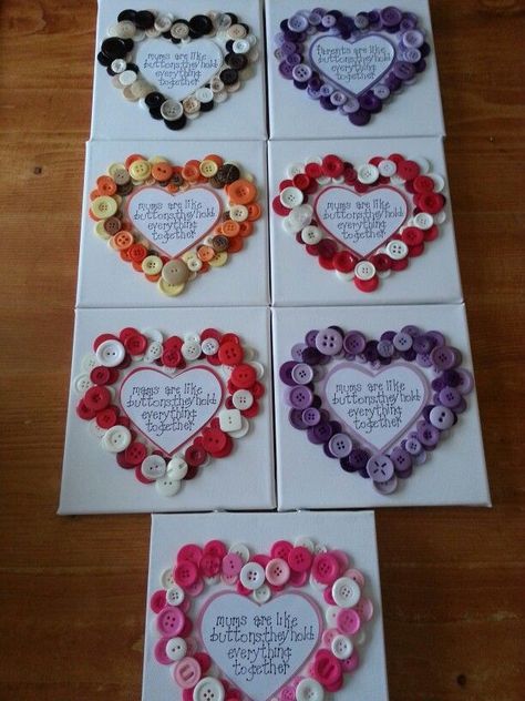 Button Valentine Cards, Mothers Day Button Crafts, Button Heart Canvas, Mothers Day Crafts With Buttons, Moms Are Like Buttons Craft, Button Heart Craft, Cards With Buttons, Button Hearts, Button Art Projects