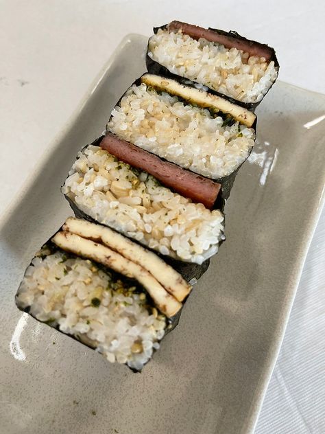 Tofu Musubi, Musubi Spam, Teriyaki Recipe, Spam Musubi, Nori Seaweed, Firm Tofu, Hawaii Food, Birthday One, Cup Of Rice