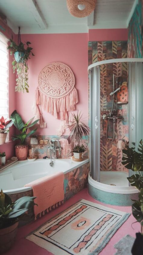 Pink Boho Bathroom, Colorful Boho Bathroom, Boho Chic Bathroom Decor, Hippie Bathroom, Spa Inspired Bathroom Decor, Boho Bathroom Decor Ideas, Boho Chic Bathroom, Flamingo Bathroom, Eclectic Mirrors