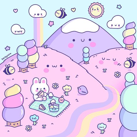 Becky Cas บน Instagram: “Kawaii World 💕 Hi everyone! This is the drawing I made as a Final Project for my Online Course with @domestika 💕If you are interested the…” Becky Cas Kawaii, Becky Cas, Kawaii Character Design, Kawaii Digital Art, Illustration For Beginners, Teal Wallpaper Iphone, Kawaii Ideas, Colored Pencil Artwork Ideas, Fantasy Cats