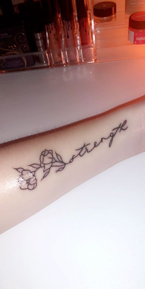 Flower Tattoo Word Stem, Rose With Cursive Stem Tattoo, Flower With Name In Stem Tattoo, Flower With Word Stem Tattoo, Flower Tattoo With Words As Stem, Simple Wrist Tattoos, Strength Tattoo, Tattoo Script, Name Tattoo