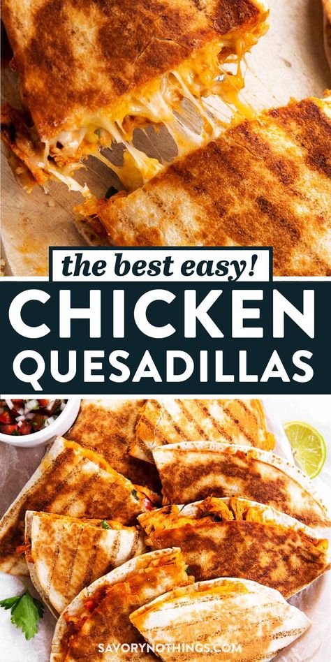 These chicken quesadillas are quick and easy to make with shredded chicken, cheese and delicious Mexican-inspired flavors. Make them for lunch or as a simple dinner – they are a favorite with kids and adults alike! | #quesadillas #mexicanrecipes #chickenrecipes #easylunchrecipes Chicken Alfredo Quesadillas, Meal With Shredded Chicken, Quick And Easy Shredded Chicken Recipes, Rotisserie Chicken Quesadillas Easy, Chicken Quesadillas With Rotisserie, Chicken Quesadillas Crockpot, Ranch Chicken Quesadilla, Rotisserie Chicken Quesadilla, Rotisserie Chicken Quesadillas