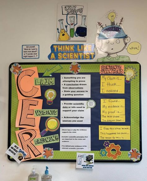 Science Classroom Inspiration, Cer Science Bulletin Board, Physical Science Classroom Decorations, School Improvement Ideas, Biology Anchor Charts High Schools, Science Classroom Bulletin Boards, Science Room Decor Classroom Ideas, Middle School Science Classroom Decor, Science Teacher Classroom