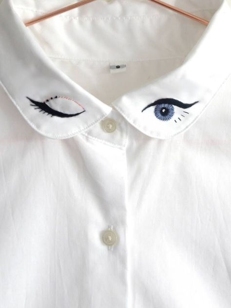 Embroidery Tshirt Ideas Design, Painted Tshirts Diy Ideas, Tshirt Embroidery Ideas, Embroidery Tshirt Ideas, Punk Embroidery, White Embroidered Shirt, Painted Clothes Diy, Clothes Embroidery Diy, Collars Diy