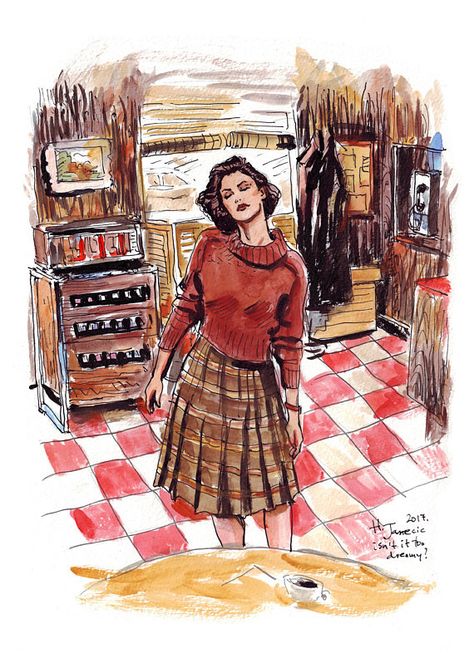 Twin peaks illustration  Audrey's dance art prints Twin Peaks 1990, Twin Peaks Art, Audrey Horne, Sherilyn Fenn, Black Lodge, 캐릭터 드로잉, Lukisan Cat Air, India Ink, Dance Art