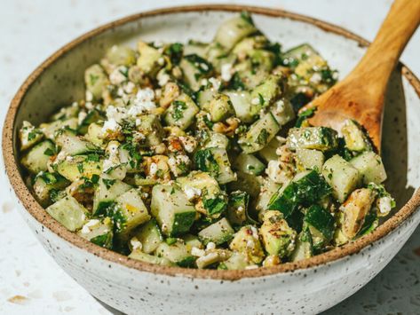 Mediterranean Cucumber Avocado Salad - Shred Happens Shred Happens, Mediterranean Cucumber, Low Carb Sushi, Cucumber Avocado Salad, Cheese Flatbread, Avocado Tomato Salad, Protein Pasta, Avocado Salad Recipes, Cucumber Avocado