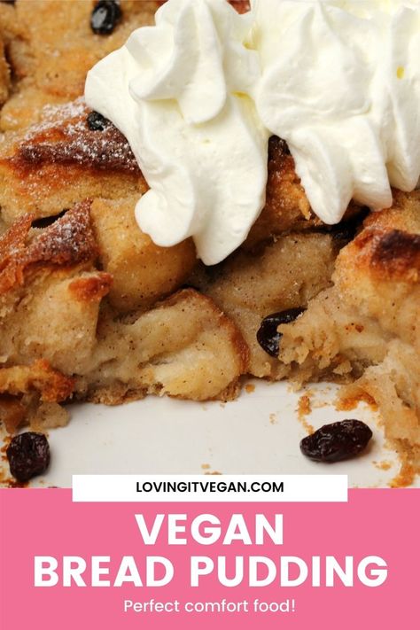 This vegan bread pudding is golden and crispy on the outside and soft and delicious on the inside. Super easy, perfect comfort food. Divine served warm with vegan cream or ice cream. | lovingitvegan.com Veg Desserts, Vegan Bread Pudding, Pudding Bread, Easy Pudding, Vegan Pudding, Vegan Baking Recipes, Vegan Cream, Bread Easy, Bread And Butter Pudding