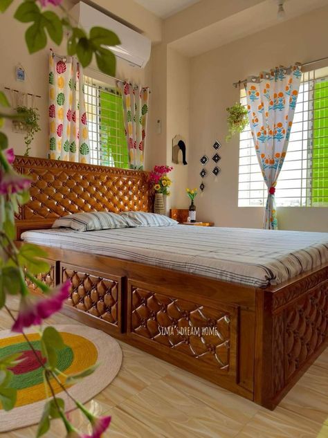 Wooden Cot, Sabar Quotes, Colorful Room Decor, Indian Bedroom Decor, Indian Room Decor, Indian Bedroom, Simple Living Room Decor, India Home Decor, Easy Room Decor