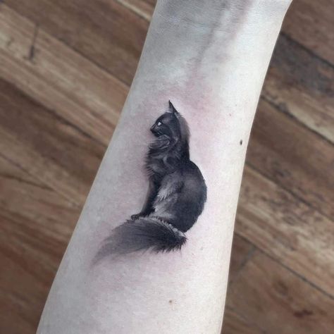 Shadow Cat Tattoo, Watercolor Black Cat Tattoo, Black Fluffy Cat Tattoo, Black And Grey Cat Tattoo, 2 Black Cat Tattoo, Fluffy Black Cat Tattoo, Fluffy Cat Tattoo, Nyx Tattoo, Boo Tattoo