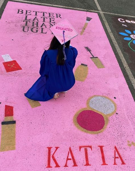 Better Late Than Ugly Parking Spot, Barbie Senior Parking Spot, Cute Parking Spot Painting Ideas, Highschool Parking Spot Ideas, Parking Ideas, Parking Lot Painting, Cheer Box, Senior Year Things, Senior Things