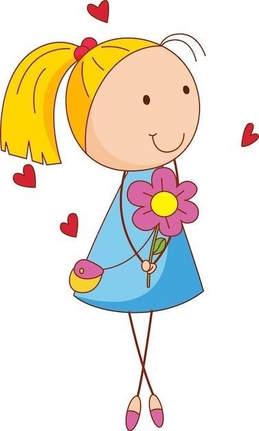 Stick Drawings, Doodle Girl, Flower Cartoon, Girl Cartoon Characters, Stick Figure Drawing, Easy Drawings For Kids, Cute Cartoon Characters, Flower Doodles, Art Drawings For Kids