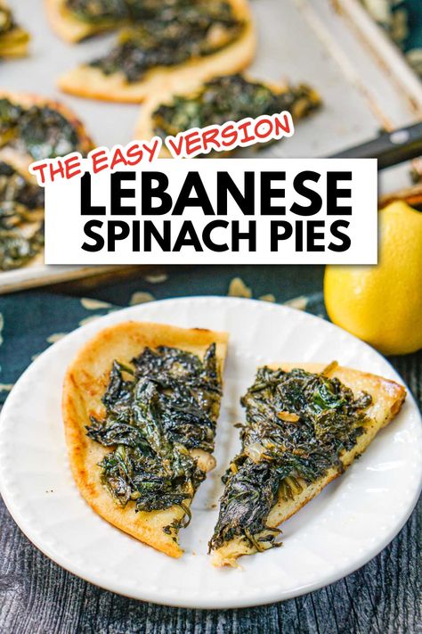 white plate with a Lebanese spinach pie and text Lebanese Spinach, Spinach Pies, Hors Devours, Making Dough, How To Make Dough, Spinach Pie, Lebanese Recipes, Light Dinner, Mouth Watering Food