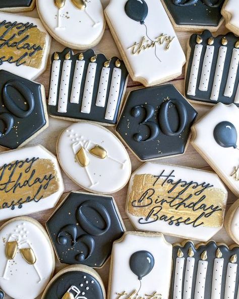 Emily’s Bake Shop on Instagram: "Cheers to 30 years! 🖤🥂there is something so classy about a black and gold cookie set! My favorite are the clinking champagne glasses! • • #emilysbakeshop #customcookies #decoratedcookies #cookier #cookieart #sugarcookies #sugarcookiedecorating #sugarcookiemarketing #birthdaycookies #30thbirthday #30thbirthdaycookies #blackandgoldcookies" Black And Gold Cookies, One Birthday Cookies, Birthday Cookies Decorated, Cheers To 30 Years, Gold Cookies, First Birthday Cookies, Gold First Birthday, Cookie Business, 30th Bday