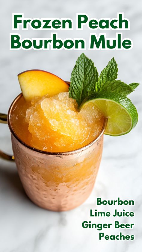 Frozen Peach Bourbon Mule Frosty Cocktail, Ginger Beer Mule, Bourbon Mule, Cocktail Cards, Peach Bourbon, Ginger Beer Cocktail, Alcohol Beverages, Girl Glasses, Special Drinks