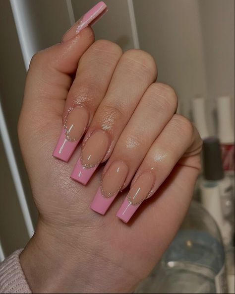 Brown Acrylic Nails Square, Pink French Tip Nails With Rhinestones, Pink Frenchies Nails, Light Pink French Tip Nails, Short Frenchies, Frenchies Nails, Pink Frenchies, Acrylic Nails Square, Long French Nails