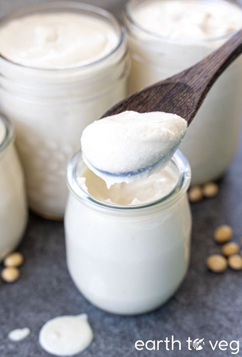 Cashew soygurt is spooned out from a small glass jar, flanked by additional jars of yogurt in the background. Cashew Milk Yogurt, Yogurt Instant Pot, Vegan Yogurt Recipe, Yogurt Starter Culture, Homemade Soy Milk, Cashew Yogurt, Making Yogurt, Yogurt Maker, Vegan Yogurt