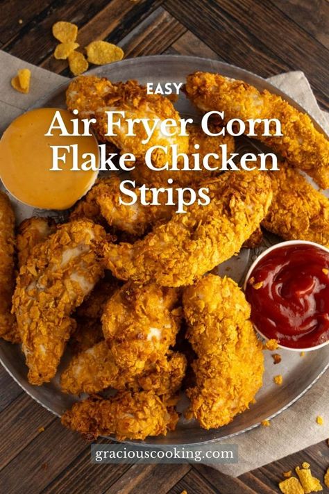 30 Minute Air Fryer Corn Flake Chicken Strips - Air Fryer Corn Flake Chicken, Corn Flake Chicken, Chicken Tender Recipes Easy, Homemade Chicken Strips, Air Fried Chicken Tenders, Air Fryer Corn, Fried Chicken Breast Recipe, Cornflake Chicken, Homemade Chicken Tenders