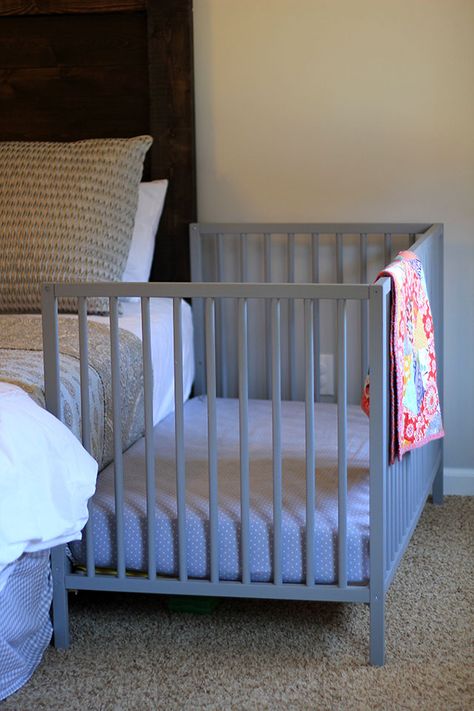 DIY Co-Sleeper Review {One Year Later} | Always, Amanda Side Car Crib, Ikea Crib Hack, Co Sleeper Crib, Baby Co Sleeper, Ikea Nursery, Diy Crib, Crib Rail Cover, Co Sleeper, Baby Crib Bedding