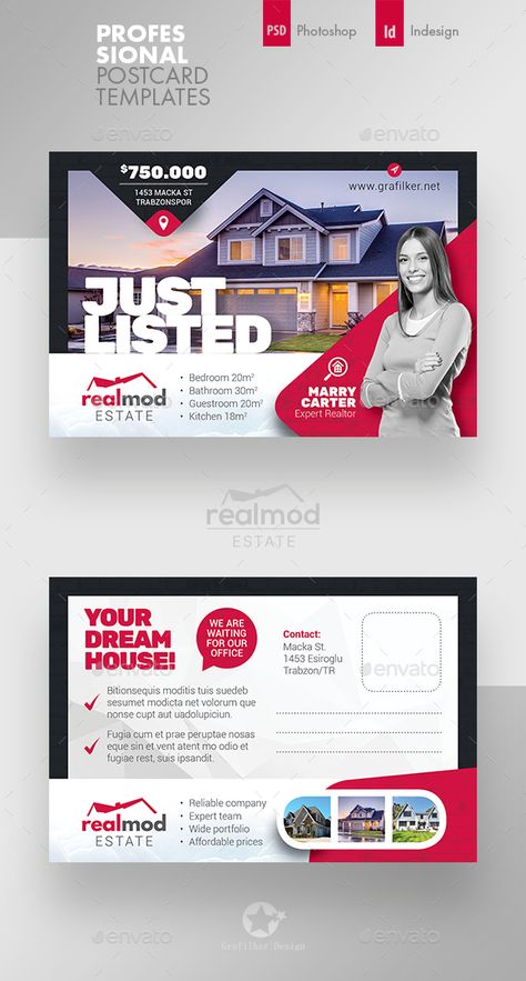 Real Estate Postcard Template PSD, InDesign INDD Real Estate Postcard Design, Postcard Design Inspiration, Postcard Marketing, Post Card Design, Real Estate Banner, Business Postcards, Real Estate Postcards, Banner Web, Graphic Design Brochure