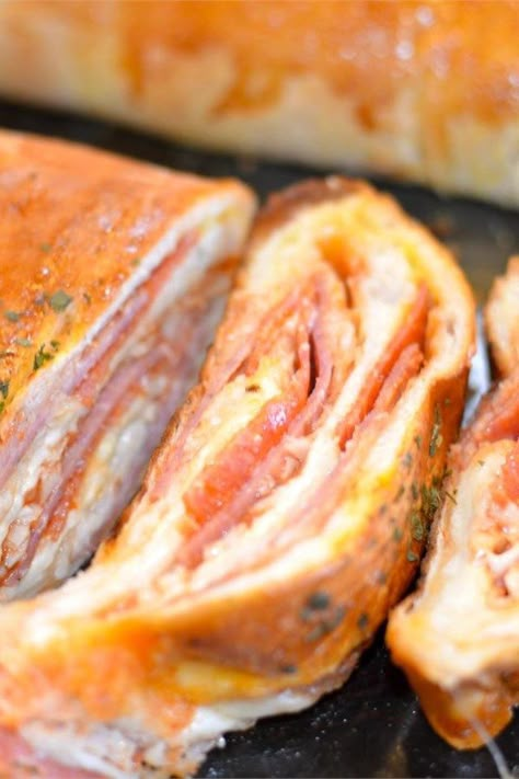 Simple Stromboli | "This is a baked sandwich using frozen bread dough, meat, and cheese. My picky eaters love this for an easy weeknight meal and it's great served with a soup. My family fights over the leftovers!" #allrecipes #dinnerideas #dinnerrecipes #dinnerdishes #familydinnerideas #supper #supperideas Stromboli Recipes, Stromboli Recipe Easy, Stromboli Recipe, Pizza Stromboli, Frozen Bread Dough, Cheese Roll, Pizza Calzones, A Loaf Of Bread, Veggie Soup