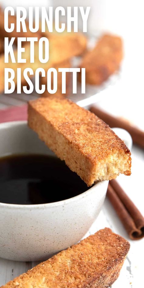 These crunchy Keto Biscotti are dipped in a sweet cinnamon mixture after baking. Made with almond flour, they have no grains or gluten, and only 3.9g carbs per serving. Perfect for dunking in your morning coffee! Low Carb Biscotti, Almond Flour Biscotti, Keto Biscotti, Gluten Free Biscotti, Galletas Keto, Postre Keto, Keto Baking, Almond Biscotti, Biscotti Recipe