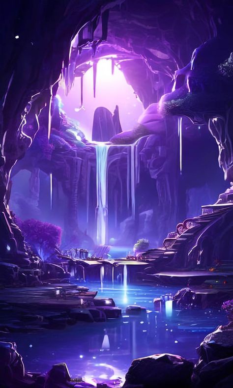 Hidden Oasis💜 Unveiling a secret world within the earth, this painting showcases a magnificent waterfall cascading into a hidden cave. Sunlight filters through the opening, illuminating the lush ferns and moss clinging to the rocks. DOWNLOAD HD :📌️ link in bio follow for more @huntart4x #cavewaterfall #hiddenworld #naturalwonder #landscapepainting #waterfall #naturelovers #aiart #artoftheday #midjourney #midjourneyart #midjourneyai #midjourneyartwork #mountainvalley #landscapepainting #ar... Purple Waterfall Aesthetic, Waterfall Cave, Fantasy Scenery, Hidden Oasis, Fantasy Background, Fantasy Places, Wallpaper Art, 4k Wallpaper, Wallpaper Wallpaper