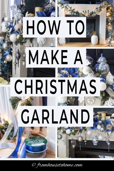 Christmas Fireplace Mantle Decor, Christmas Fireplace Mantle, Christmas Fireplace Garland, White Christmas Garland, Xmas Fireplace, Holidays Decorations, Blue And White Christmas, Garland Tutorial, Silver Garland