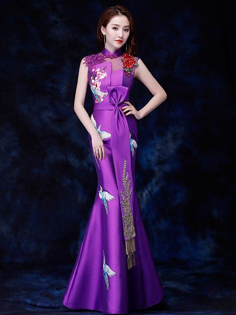 Purple Embroidered Fishtail Qipao / Cheongsam Evening Dress with Cutout Back - CozyLadyWear Prom Dress Asian, Mandarin Dress, Asian Clothes, Western Outfits Men, Fashion Forward Outfits, Purple Prom, Qipao Cheongsam, Purple Prom Dress, Qipao Dress