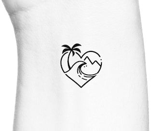 Heart Beach Tattoo, Tiny Tropical Tattoos, Palm Tree Island Tattoo, Beach Small Tattoos, Beach Wave Tattoo, Beach Tats, Beach Tattoo Ideas, Beachy Tattoos, 2023 Tattoo