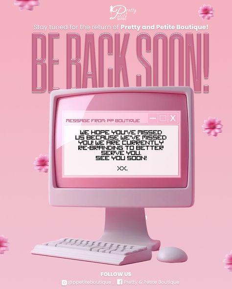 🌸Countdown to cuteness! Check out these two adorable “Be Back Soon” e-flyers for Pretty & Petite Boutique, announcing their highly anticipated return! Cute, girly, and full of flair. 💕 Which design is your favorite? Let’s work! ⬇️ 📧7designstudio@graphic-designer.com 📲2428105366 (WhatsApp only) 🌐www.s7vendesignstudio.com . . . . . #boutiqueflyer #graphicdesign #graphicdesigner #comingsoon #thinkpink #girlygraphics #fashionflyer #fashiondesign #design Cute Flyers, Girly Graphic Design, Boutique Flyer, Girly Graphics, Diy Social Media, Flyer Ideas, Be Back Soon, Canva Design, Graphic Design Poster