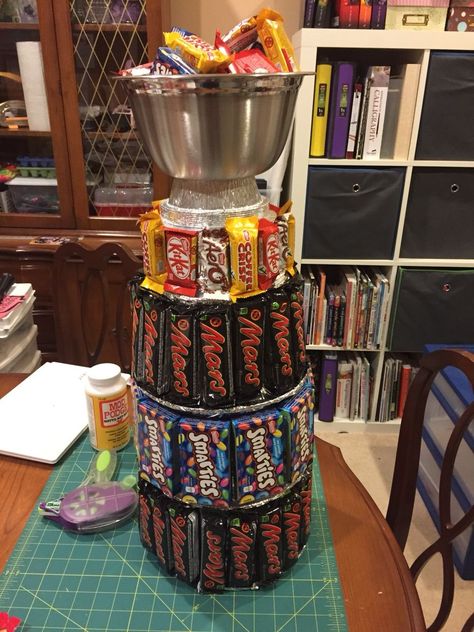 30 AWESOME Hockey Party Ideas Worthy Of A Hat Trick! — Nikki Lo Stanley Cup Candy Trophy, Candy Stanley Cup, Candy Trophy Ideas, Hockey Manager Gift Ideas, Candy Trophy, Hockey Party Ideas, Hockey Fundraiser, Hockey Basket, Homemade Trophies