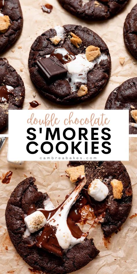 These double chocolate s'mores cookies are chewy double chocolate cookies stuffed with marshmallows, graham crackers, and dark chocolate. This twist on a summer classic recipe will satisfy any s'mores craving! | Cambrea Bakes