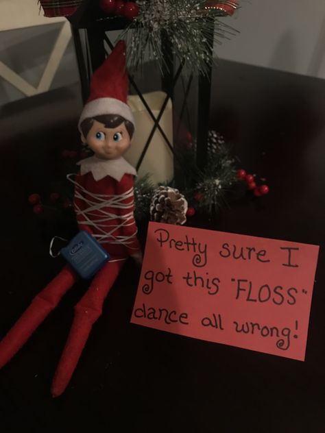 Elf On The Shelf Floss, Elf Flossing, Elf Floss, New Elf On The Shelf Arrival, Elf Ideas For Older Kids, Elf Arrival Ideas New, Classroom Elf, Elf Stuff, Elf Shenanigans