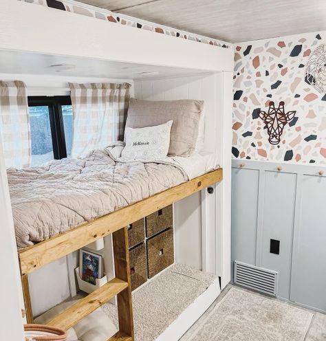 Rv Makeover Girls Room Makeover Rv Bunk Room Conversion, Rv Remodel With Bunk Beds, Rv Bunk Ladder Ideas, Loft Bed Camper, Rv Bunk Room Makeover, Rv Loft Bed Remodel, Camper Bunk Room Makeover, Rv Bunk Room Decor, Bunk Room Remodel Camper