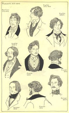 Men's hairstyles, France 1830's Victorian Era Hairstyles, 1800s Hairstyles, 1800s Men, Moda Medieval, 19th Century Men, Historical Hairstyles, 1830s Fashion, Victorian Men, Romantic Period