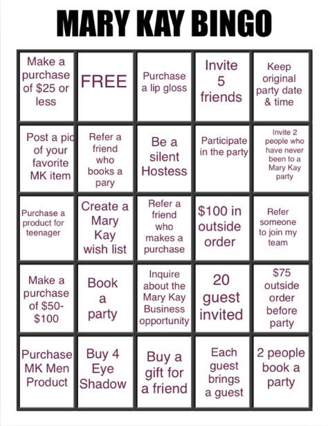 Mary Kay Games Ideas, Mary Kay Bingo, Beauty Bingo, Mary Kay Party Games, Mary Kay Games, Mary Kay Hostess, Mary Kay Printables, Mary Kay Facebook, Mary Kay Inspiration