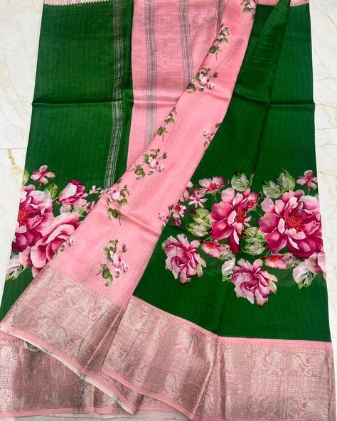 Pure handloom Mangalagiri pattu sarees with all over body pure digital printing and big kanchi jari border. Contrast pallu and Contrast blouse. Price 5500+$ Big Border Pattu Sarees, Mangalagiri Pattu Sarees, Mangalagiri Sarees, Kuppadam Pattu Sarees, Sarees Collection, Contrast Blouse, Blouse Price, Blouse Design Models, Pattu Sarees