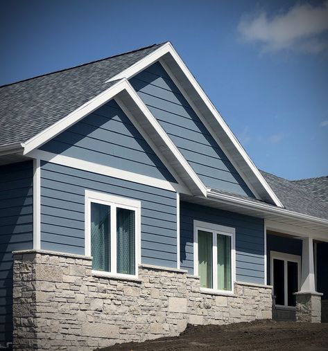 Stone Facade House Exterior With Siding, Stone Facade Design, Blue Siding House, Natural Stone Facade, Buechel Stone, Craftsman Home Exterior, Outside House Colors, Farmhouse Style Exterior, Sherman Williams