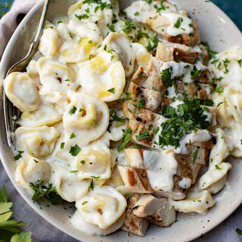 Chicken Tortellini Alfredo Recipe (Panera Bread) Panera Chicken Tortellini Alfredo, Grilled Chicken Tortellini, Chicken Tortellini Alfredo, Panera Bread Copycat, Tortellini Alfredo, Creamy Alfredo Sauce, Easy Pasta Sauce, Chicken Tortellini, Lean Chicken