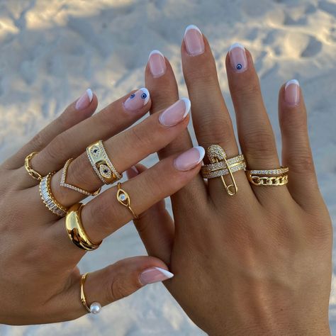 Almond Nails French Tip Evil Eye, Natural Evil Eye Nails, Short Nails And Rings, French Manicure With Evil Eye, Europe Summer Nails Short, Europe Nail Ideas, French Nails With Evil Eye, French Evil Eye Nails, French Tips With Evil Eye