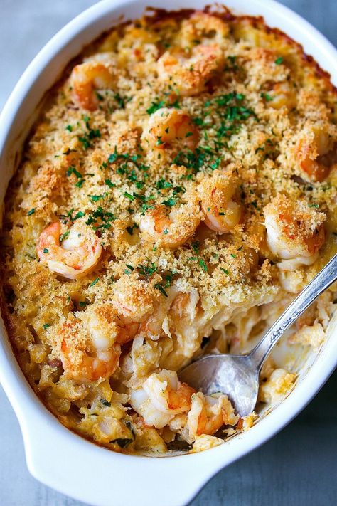 Crab and Shrimp Casserole Shrimp And Crab Pasta Recipes, Shrimp And Crab Casserole, Shrimp And Crab Pasta, Shrimp And Rice Casserole, Crab Casserole, Seafood Casserole Recipes, Shrimp Casserole, Crab And Shrimp, Creamy Cheese Sauce