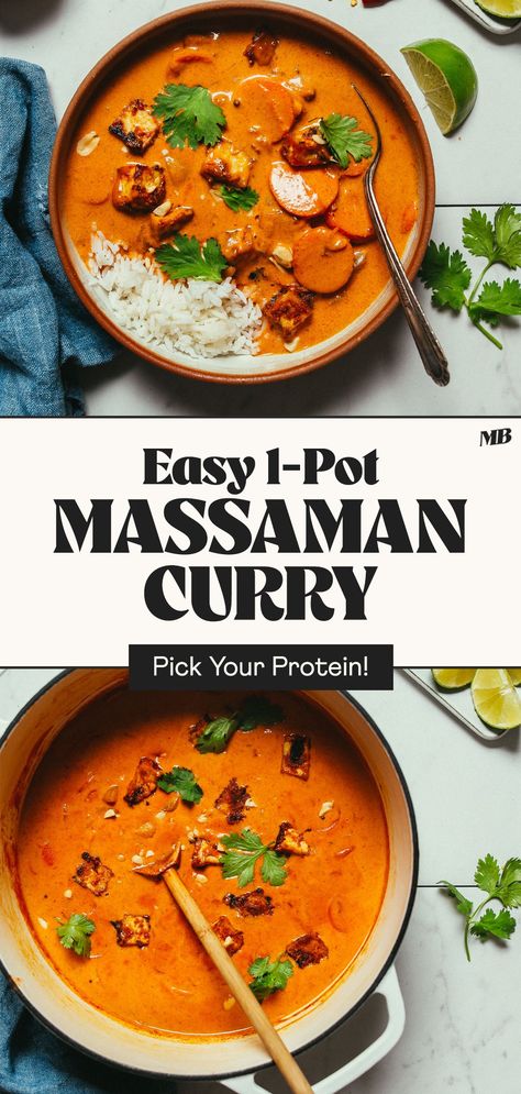 Simple, 1-pot Massaman curry made without store-bought Massaman curry paste! Simply use spices you have on hand plus Thai red curry paste to achieve this flavorful, rich Massaman curry! Optional protein suggestions for vegans, pescatarians, and meat-eaters! Cauliflower And Chickpea Curry, Thai Massaman Curry, Massaman Curry Paste, Thai Red Curry Paste, Massaman Curry, Sweet Potato Curry, Minimalist Baker, Red Curry Paste, Cheap Dinner Recipes