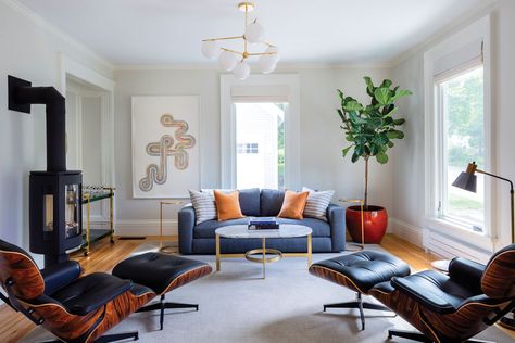 This Old (Mod) House - Greek Revival House Tour | Maine Homes Midcentury Modern Color Palette, Mid Century Modern Color Palette, Post And Beam House, Midcentury Modern Living Room, Mod House, Maine Homes, Greek Revival Home, Post And Beam Home, Modern Living Room Ideas