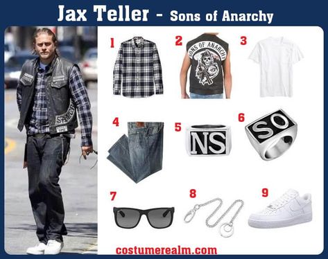 Dress Like Jax Teller From Sons of Anarchy, Jax Teller Costume, Halloween Costume, Cosplay, Outfit, Fashion, Style Guide Jax Teller Style, Jax Teller Outfit, Jax Teller Tattoos, Sons Of Anarchy Tattoo Ideas, Sons Of Anarchy Outfits, Sons Of Anarchy Halloween Costume, Sons Of Anarchy Costume, Sons Of Anarchy Vest, Sons Of Anarchy Style