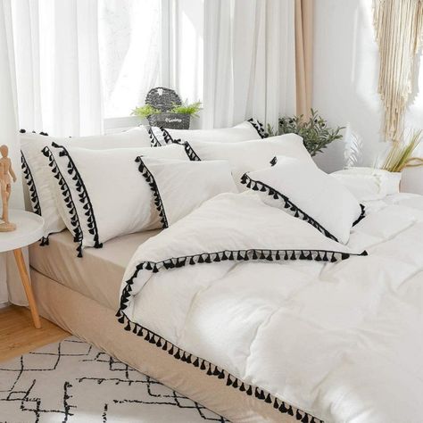 Fringe Bedding, Dorm Comforters, Duvet Covers Bohemian, Bedding Queen, Ruffle Duvet Cover, White Bed Set, Boho Duvet Cover, Boho Duvet, Black Duvet Cover