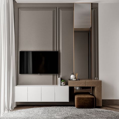 Bedroom Design Bedroom Tv Wall Ideas, Tv Unit Bedroom, Lcd Panel Design, Bedroom Tv Wall, Classical Interior, Tv Unit Interior Design, Dresser Design, Bedroom Cupboard Designs, Double Height