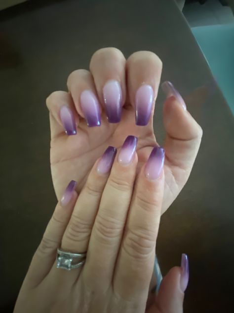 Purple ombre SNS nails. #sns #ombrenails #coffinnails Ombre Acrylic Nails Purple, Purple Ombre Acrylic Nails Coffin, Chrome Ambre Nails, Ombre Dark Purple Nails, Dark To Light Purple Ombre Nails, Dark Purple Nails Ombre, Purple Sns Nails Designs, White And Purple Ombre Nails, Sns Nails Ombre